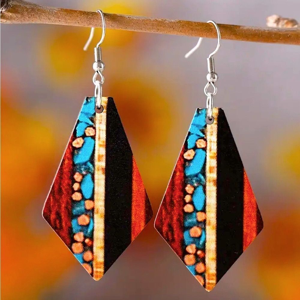 Retro geometric turquoise stripes wood dangle drop earrings gift